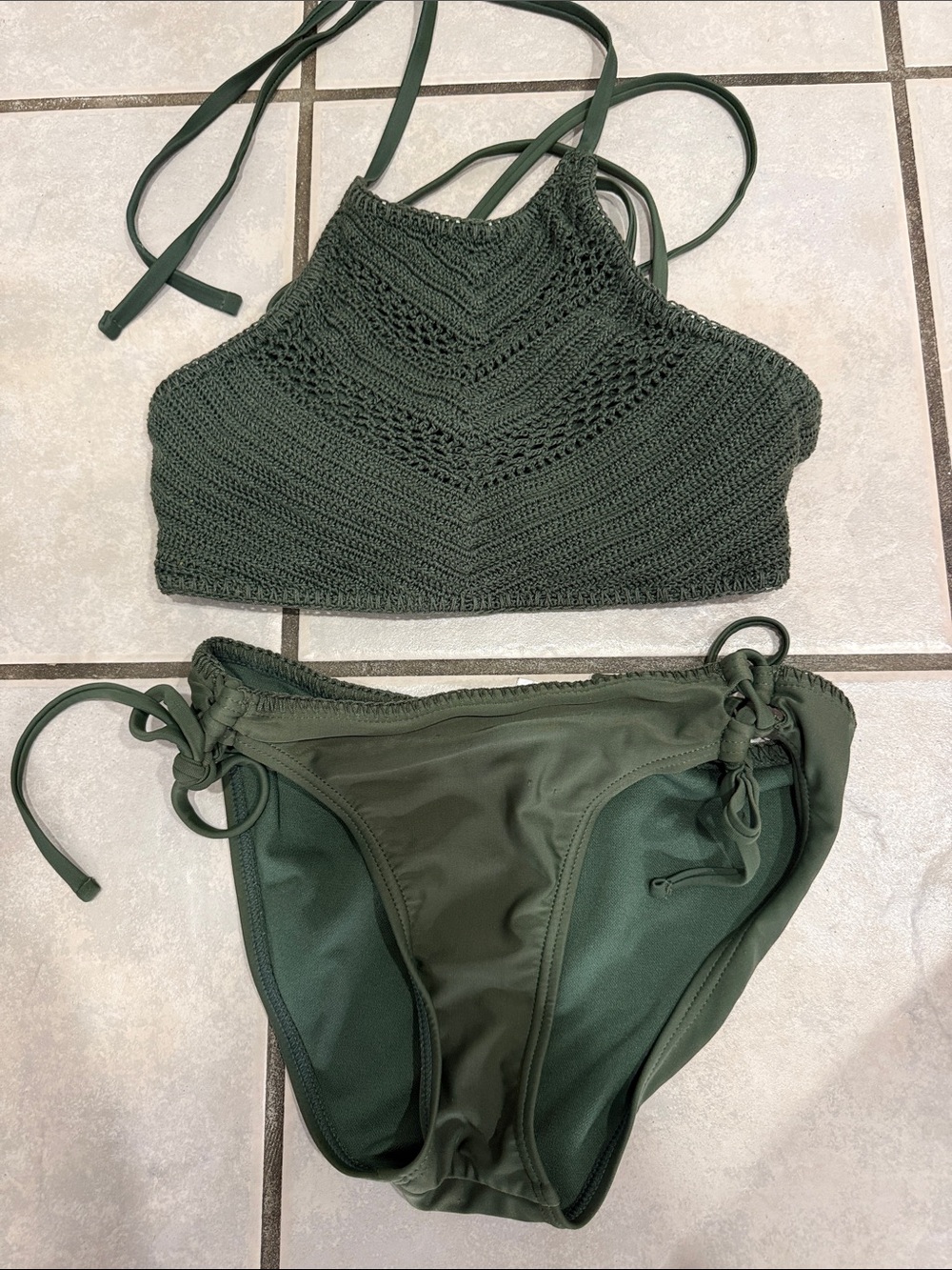 Xhilaration Olive Green Crochet High Neck Bikini Set